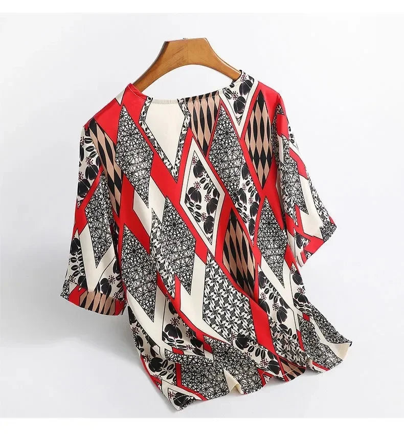 Plus Size Women Silk Satin Blouses Spring Summer Floral Printing Blouse Female Fashion Shirt Tops