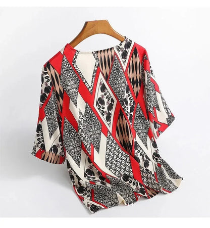 Plus Size Women Silk Satin Blouses Spring Summer Floral Printing Blouse Female Fashion Shirt Tops