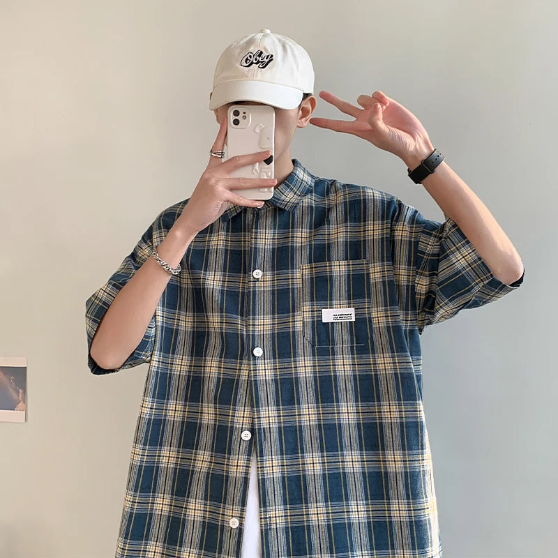Korean Y2k Streetwear Plaid Shirt Men Shirts 2025 New Summer Fashion Chemise Homme Men's Checkered Shirts Short Sleeve Men Blouse