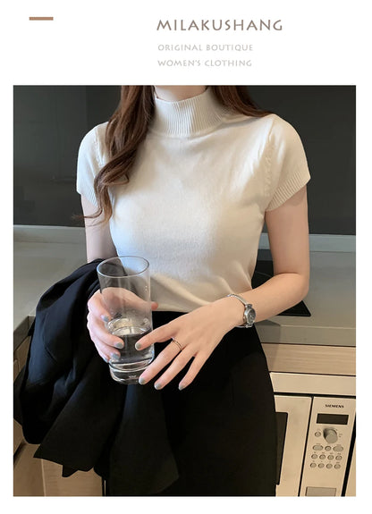 Solid Color Casual Women Clothing Korean Knitted Women Top Bulse Mujer De Moda Spring Summer Slim Turtleneck Blouse