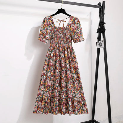 Summer Pleated Women Chiffon Dresses Casual Beach Holiday Short Sleeve Square Collar Woman Midi Dress Bohemian