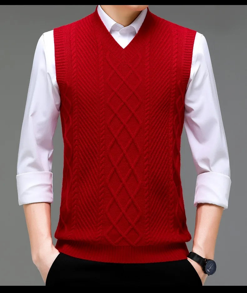 Stylish V-neck Jacquard Knit Sleeveless Sweater Vest for Men Middle-aged Men Fashion Solid Color Warm Top