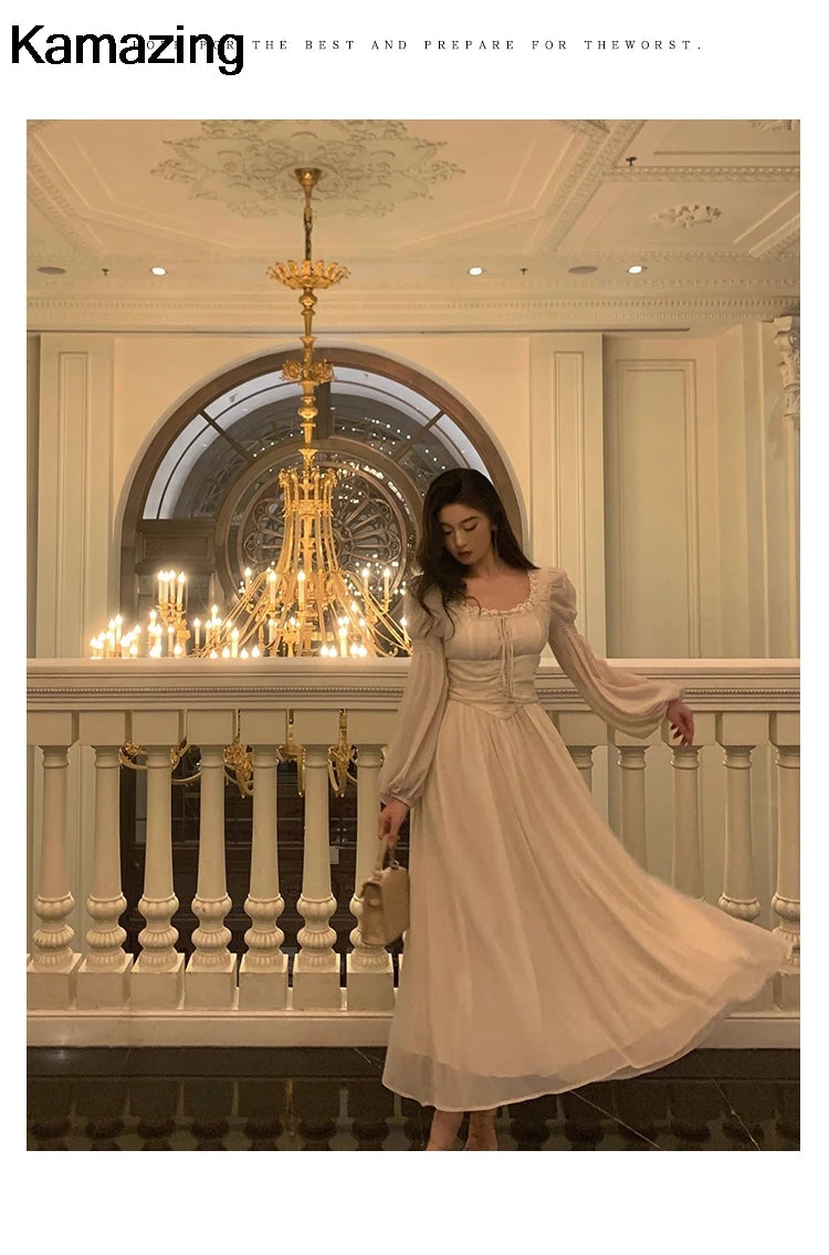 Elegant Square Collar Lace Dress Princess Evening Party Midi Dresses Women Autumn High Waist A-line Prom Robe One Piece Vestidos