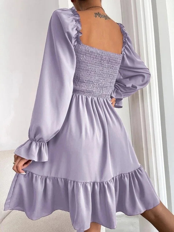Women's Dress Simple Square Neck Solid Color Long Sleeve Dress Parallel Crepe Seam Body Bell Sleeves Ruffle Hem Dress Women