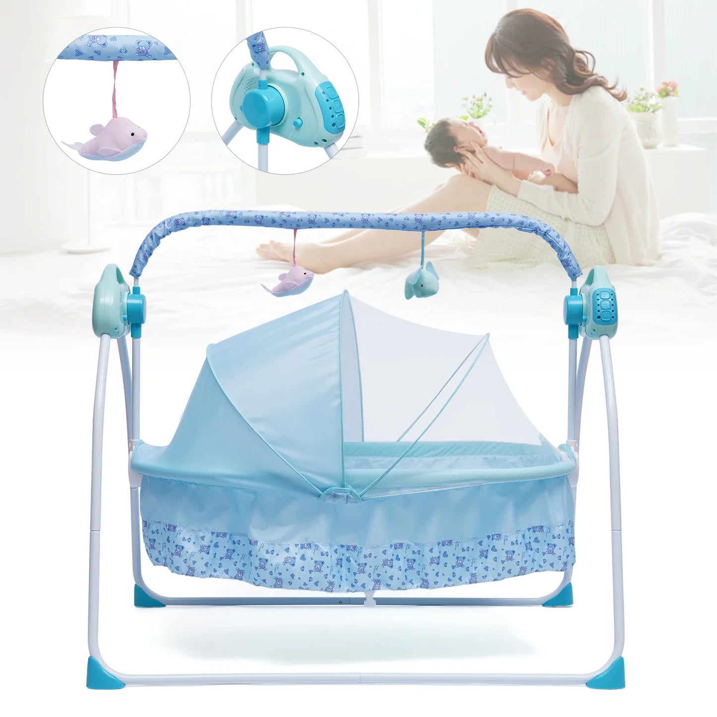 Electric Baby Crib Cradle Auto-Swing Newborn Sleep Bed Infant with Bluetooth blue with Chair + Music + Mat + Net
