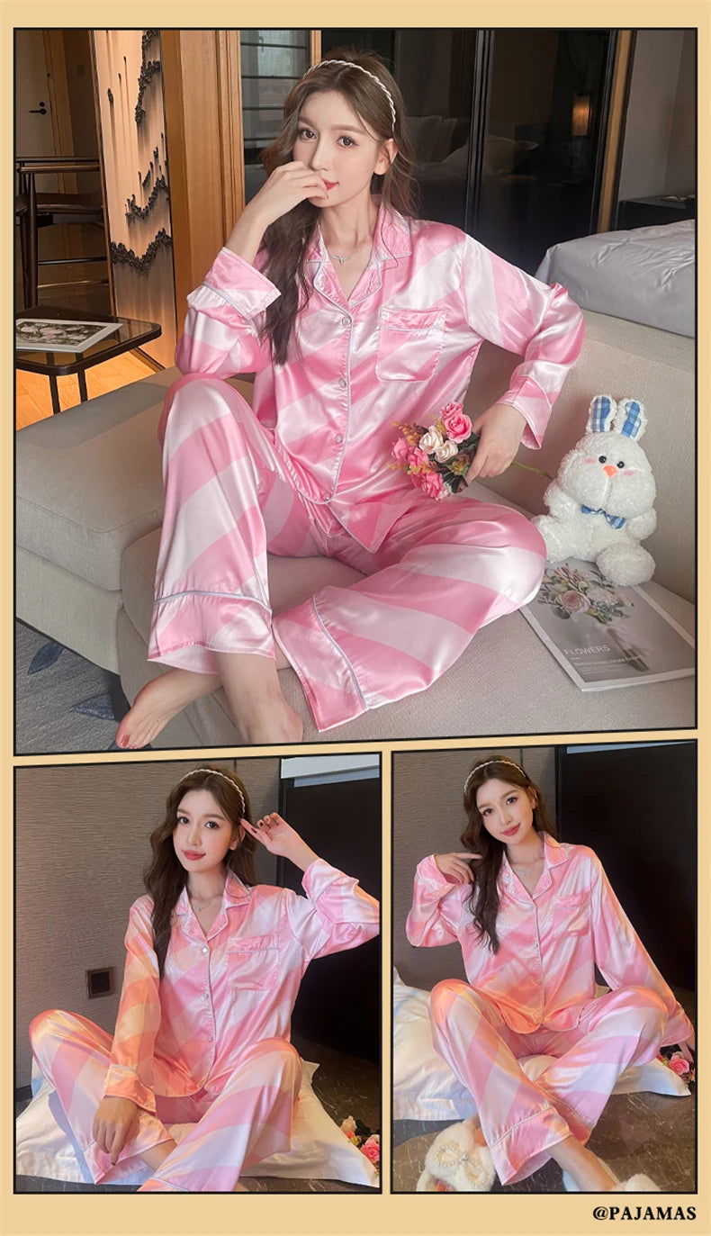 Women Casual Luxury Pajamas Thin Pajamas Female Sleepwear New Elegant Ladies Faux Silk Polyester Dots Pajama Sets Sexy Home wear