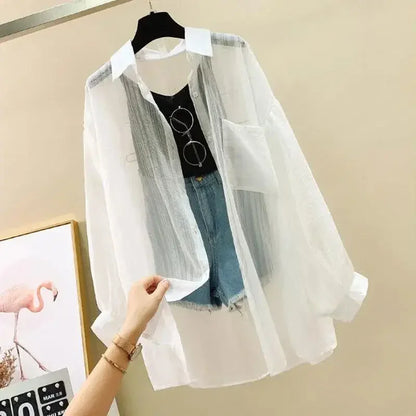 Shirts Women Sheer Thin Chic Summer Simple Solid Sun-proof Temper Fashion Baggy All-match Basic Korean Style Clothes