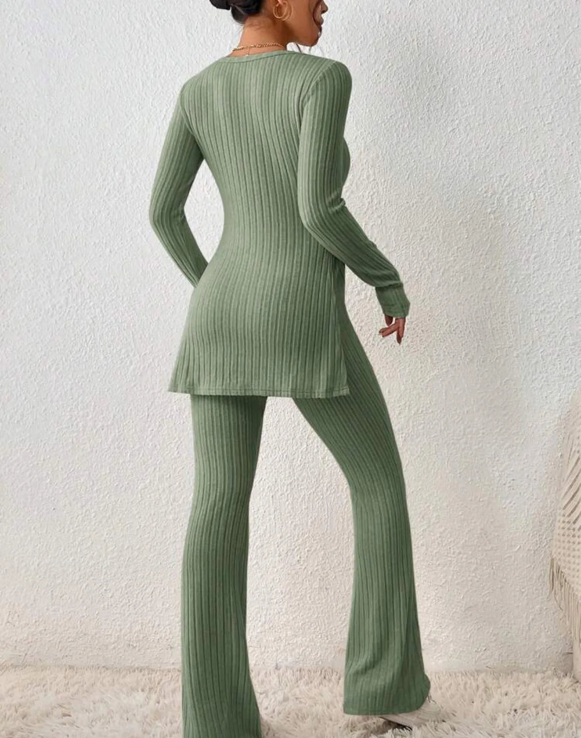 Autumn Winter Women's Clothing New Style Solid Color Sexy Casual Long Sleeved Round Neck Slit Fashion Temperament Two-piece Set