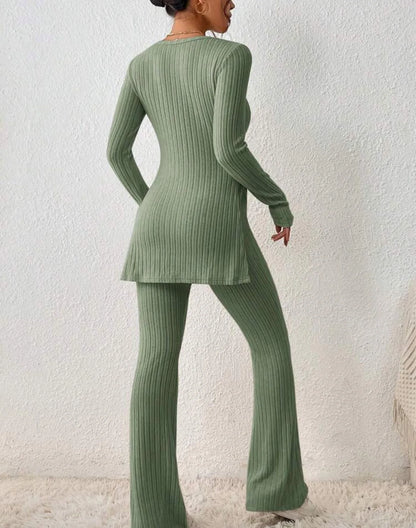 Autumn Winter Women's Clothing New Style Solid Color Sexy Casual Long Sleeved Round Neck Slit Fashion Temperament Two-piece Set