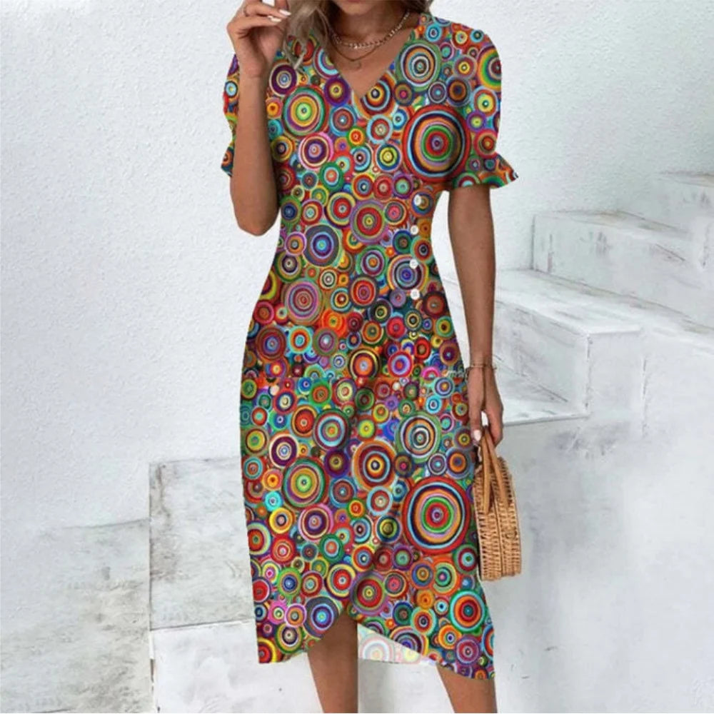 Elegant Ladies Midi Dress Geometric Button Split Dress Платья Vestidos Medievales Para Mujer De Verano Elbiseler Jurken Dames
