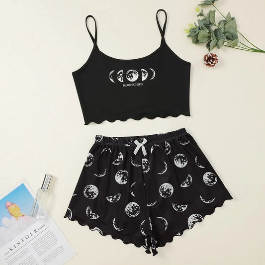 Summer Sleepwear Women Pajama Set Pink Black Moon and Planet Print Casual Camisole and Shorts Comfortable Suit Pajamas