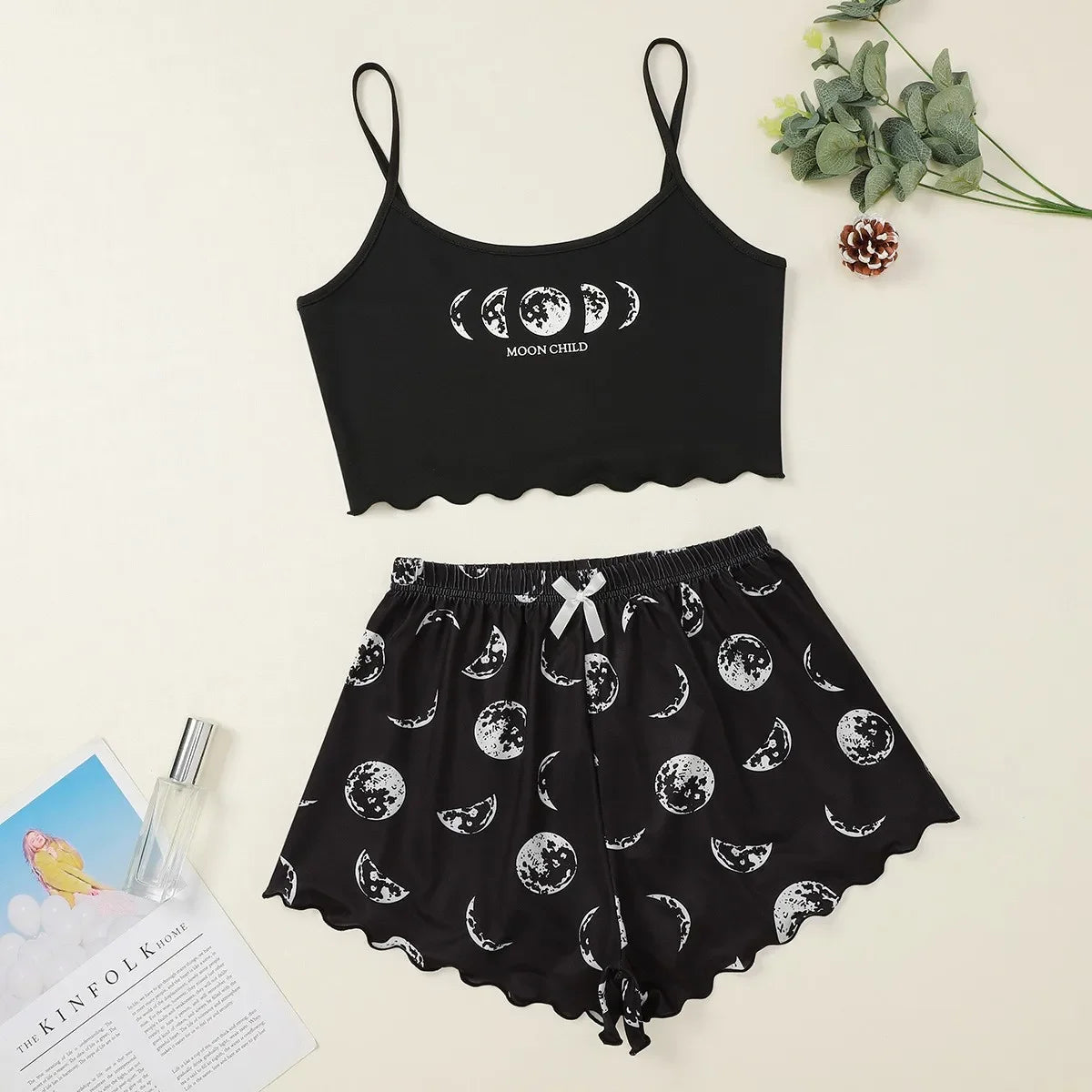 Summer Sleepwear Women Pajama Set Pink Black Moon and Planet Print Casual Camisole and Shorts Comfortable Suit Pajamas