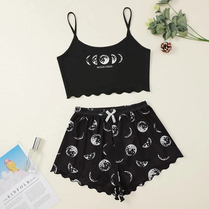 Summer Sleepwear Women Pajama Set Pink Black Moon and Planet Print Casual Camisole and Shorts Comfortable Suit Pajamas