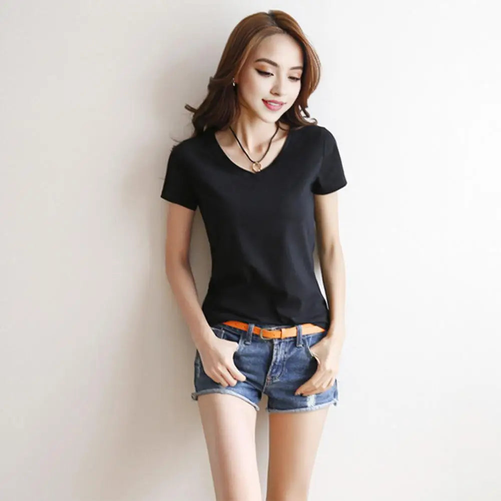 Women T-shirt V-neck Short Sleeve Slim Fit T-shirt Solid Color Pullover Tops Stretchy Bottoming Shirt Women Blouse Streetwear
