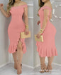 Women's Dresses 2025  Summer Fashion Beaded Off Shoulder Ruffles Slit Hem Elegant Plain Short Sleeve Skinny Midi Party Dress