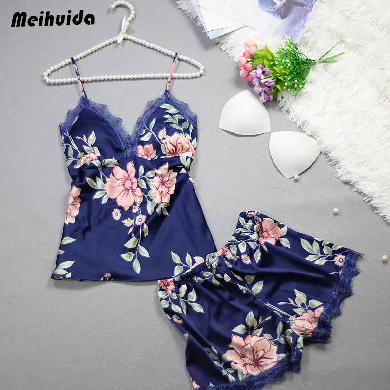 2pcs Floral Lingerie Set Women's Silk Satin Lace Vest Shorts Sleepwear Baby doll Lingerie Nightdress Pajamas Set