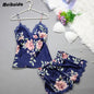 2pcs Floral Lingerie Set Women's Silk Satin Lace Vest Shorts Sleepwear Baby doll Lingerie Nightdress Pajamas Set