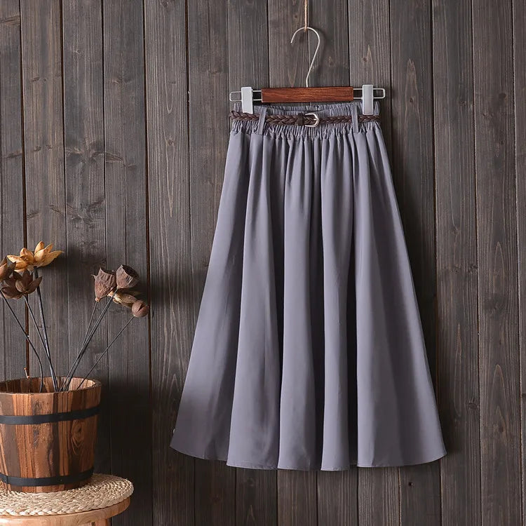 Midi Knee Length Summer Skirt Women With Belt  Fashion Korean Ladies High Waist Pleated A-line School Skirt Female