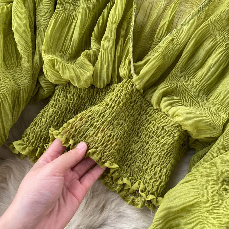 Women Sexy Chiffon Short Blouse Female See Through Super Long Sleeve Purple/Green/Black/White Folds Party Tops 2025 New