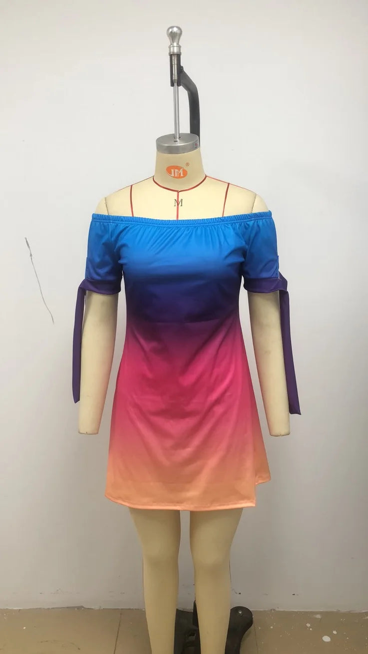 Fashionable Sexy Women's Print Dress Women's Word Shoulder Short -sleeved A -line Dress Ladies Off The Shoulder Mini Dresses