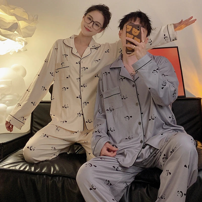 Pajama Women Pajama Man Set Cotton Plus Size Spring Autumn Long-sleeved Korean Cardigan Casual V-neck Nightwear Couple Pyjama