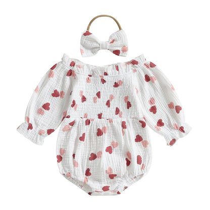 Tregren Infant Baby Girls Valentine's Day Romper Heart Print Long Sleeve Boat Neck Jumpsuits Spring Fall Bodysuits with Headband