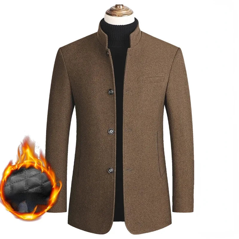 Men's Woolen Coat 2025 Autumn/Winter New Cotton Thickened Single Breasted Standing Collar Wool Blend Male Jacket