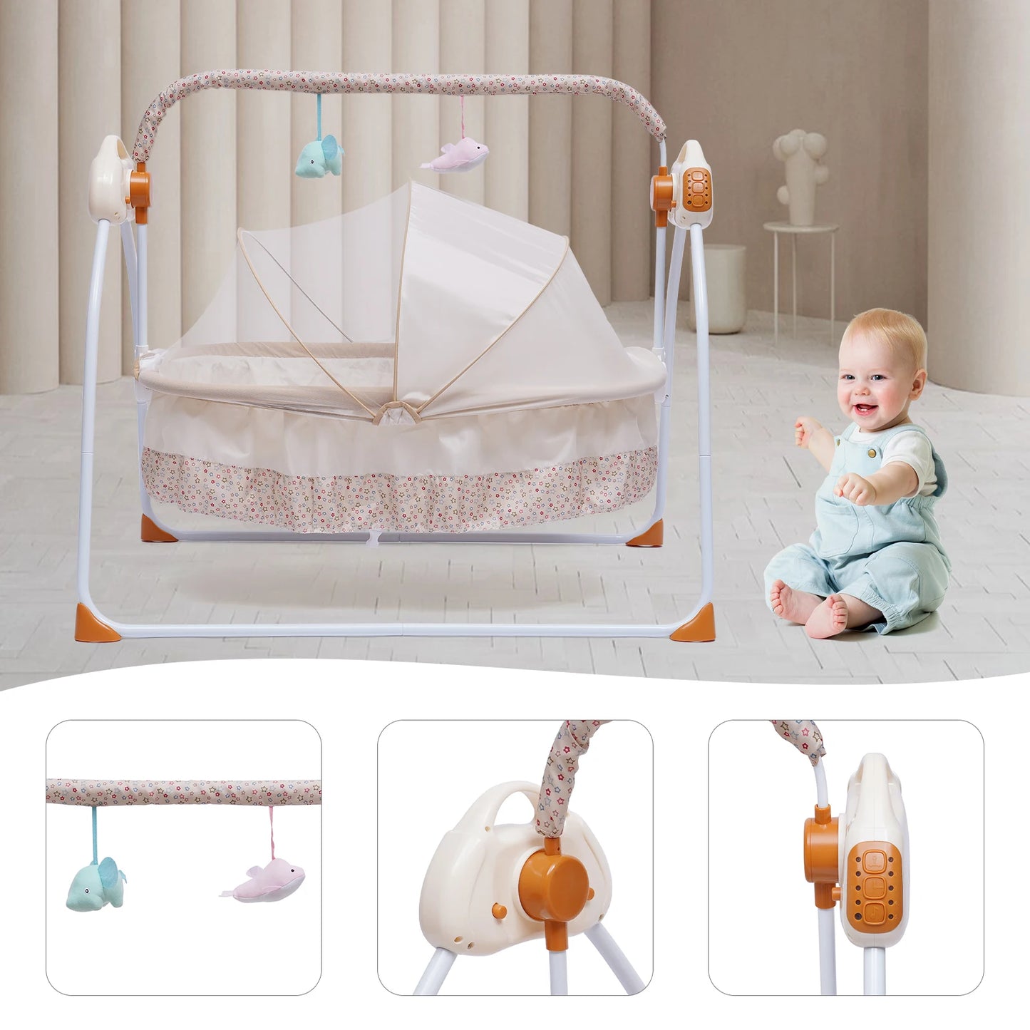 5 Gears Electric Auto-Swing Baby Crib Cradle Sleep Bed Infant Rocker + Net Music Bluetooth Music Adjustable+ Mat