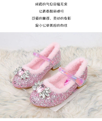 Disney Princess Crystal Girls Shoes Frozen Elsa Sophia Rhinestones Shoes Performance Party High Heels Pink Blue Shoes Size 23-36