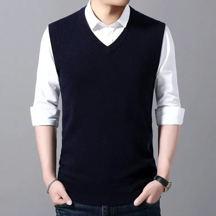 New Men's Autumn High-end Sweater Vest V-neck Warm Knit Sleeveless Men's Clothes Pullover Tops
