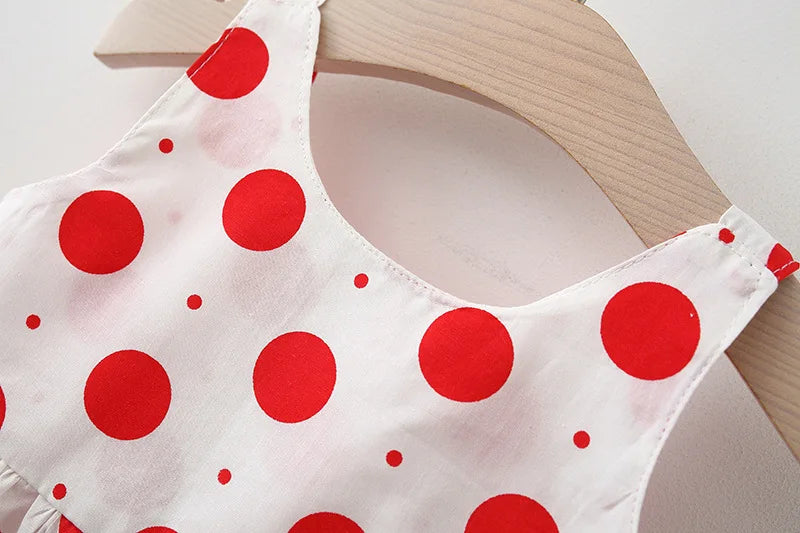 New In Summer Baby Girl Clothes Korean Cute Bow Dot Sleeveless Cotton Princess Dress+ Sunhat Toddler Dresses Sets BC007-1