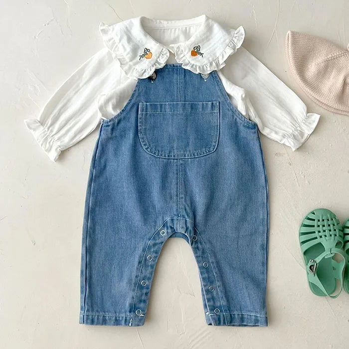 Children Clothes Suit Infant Baby Girls Clothing Set Long Sleeve Embroidered Shirt+ Denim Jumpsuit Autumn Spring Clothes Suit
