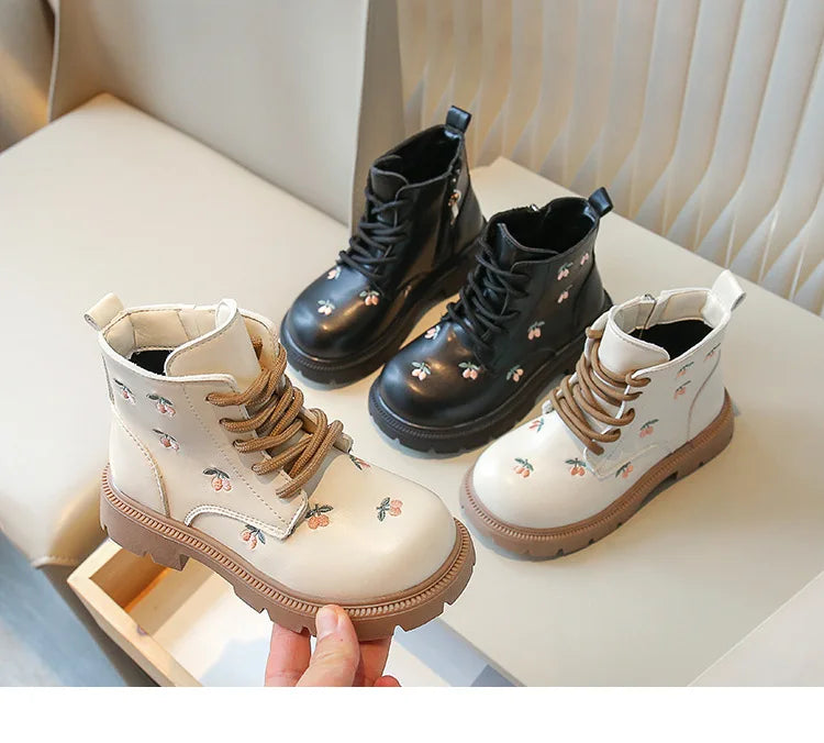Girl's Ankle Boot Sweet Fashion Embroider Children Spring Autumn Leather Boots Causal Versatile Kid Princess Shorts Single Boots