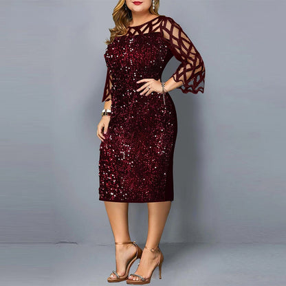 Elegant Sequin Plus Size 4XL 5XL Women Midi Dress Sexy Casual Evening Party Dress Gown Wedding Luxury Robe Rouge Vestidos
