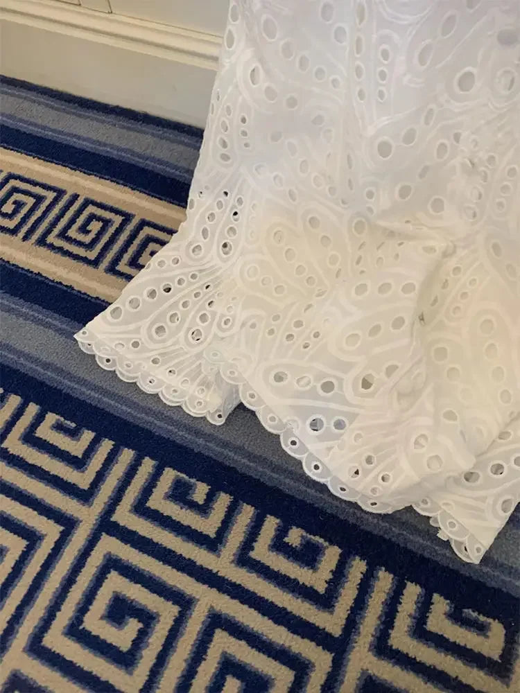 Summer Elegant Korean Chic White Midi Dress Women French Hollow Out Sexy Kawaii Vestidos De Fiesta Fashion Short Sleeve Dress