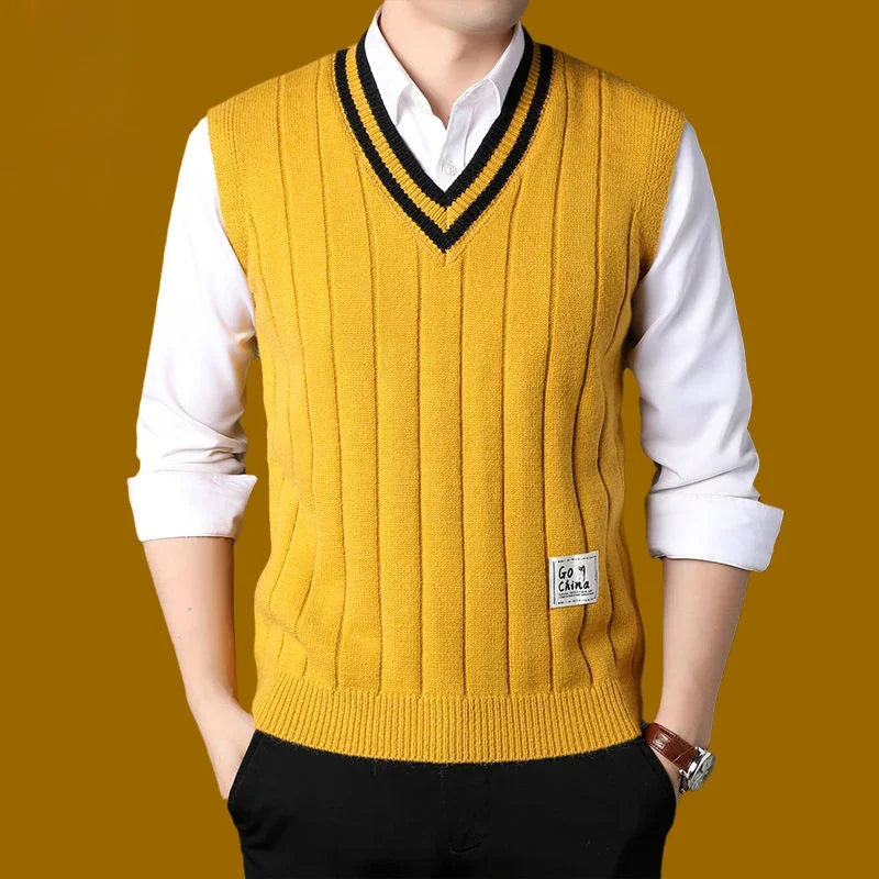 Men's Clothing Icon Knit Sweater Male Sleeveless Striped Waistcoat Vest Beige Heated Korean Style High Quality Replica Street X