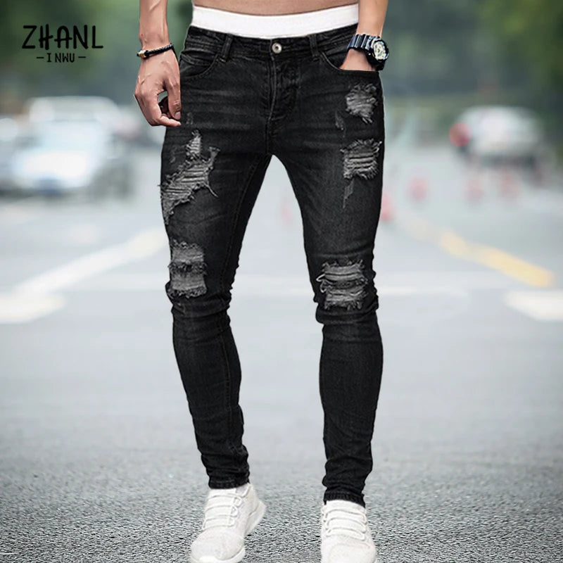 Men's Stretchy Ripped Skinny Embroidered Jeans Men's White Pants Destroyed Hole Slim Fit Denim High Quality Hip Hop Men trousers