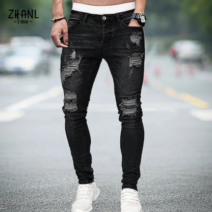 Men's Stretchy Ripped Skinny Embroidered Jeans Men's White Pants Destroyed Hole Slim Fit Denim High Quality Hip Hop Men trousers