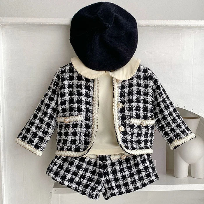 Autumn Winter Korean Style Newborn Baby Girls Clothing Set Long Sleeved Plaid Cardigan Coat+ Shorts 0-3Yrs Children Clothes Suit