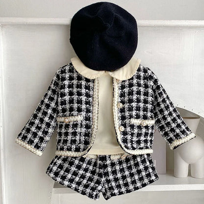 Autumn Winter Korean Style Newborn Baby Girls Clothing Set Long Sleeved Plaid Cardigan Coat+ Shorts 0-3Yrs Children Clothes Suit