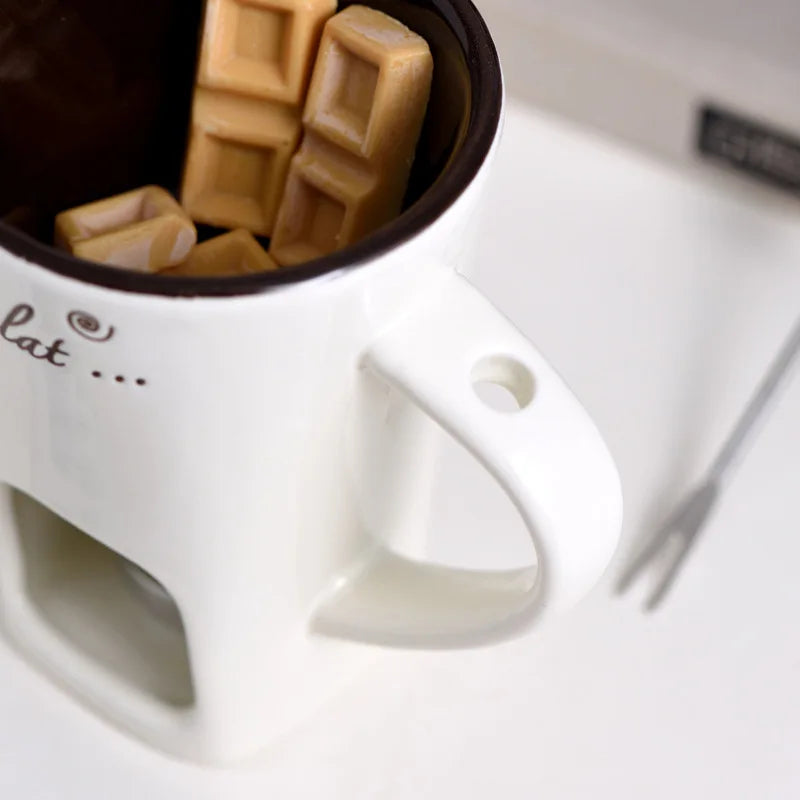 Fondue Mug Cheese Butter Melt Pot Butter Heater Coffee Cup with Fork Chocolate Melting Cup for Candy Tapas Dessert Kitchen Snack
