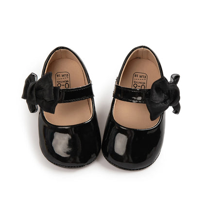 Newborn Baby Shoes Baby Boy Girl Shoes Girl Classic Bowknot Rubber Sole Anti-slip PU Dress Shoes First Walker Toddler Crib Shoes