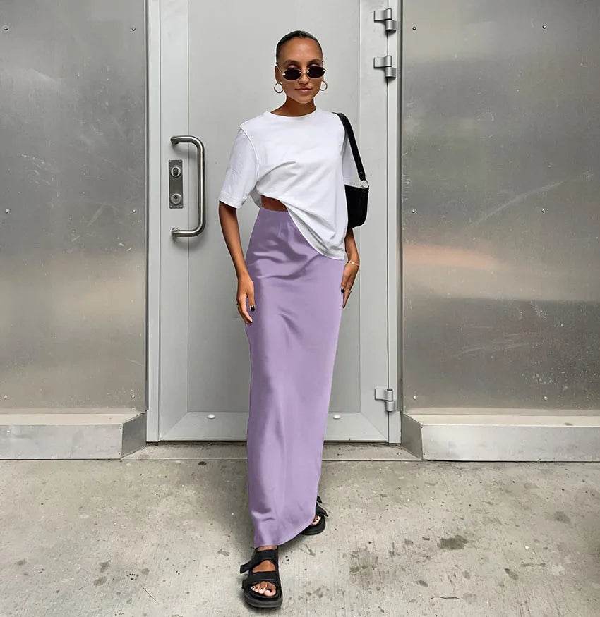 Elegant Satin Black Trumpet Skirts Fashion Slim High Waist Skirts Women Female  Solid Office Long Skirt Spring Summer