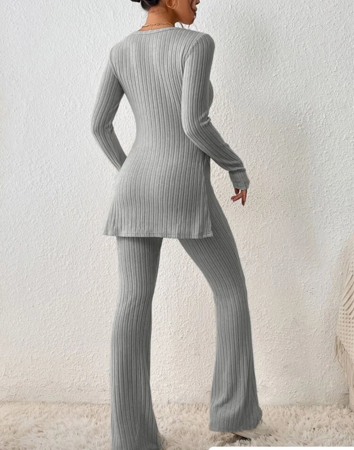 Autumn Winter Women's Clothing New Style Solid Color Sexy Casual Long Sleeved Round Neck Slit Fashion Temperament Two-piece Set