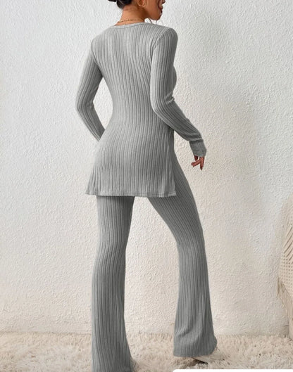 Autumn Winter Women's Clothing New Style Solid Color Sexy Casual Long Sleeved Round Neck Slit Fashion Temperament Two-piece Set