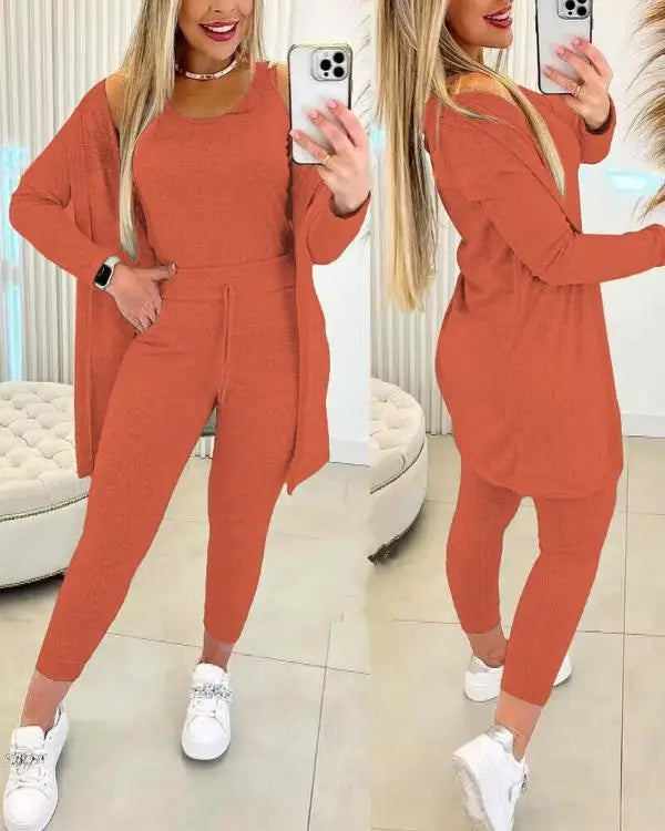 Elegant Fall Outfits Women 2025 Suit Fashion Versatile Casual Round Neck Tank Top & Drawstring Pants Set with Coat Three-piece