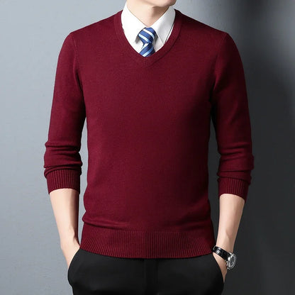 Men's Sweater Fashion Solid Color Warm Sweater Business Casual Heart Neckline Sweater Pullover Men