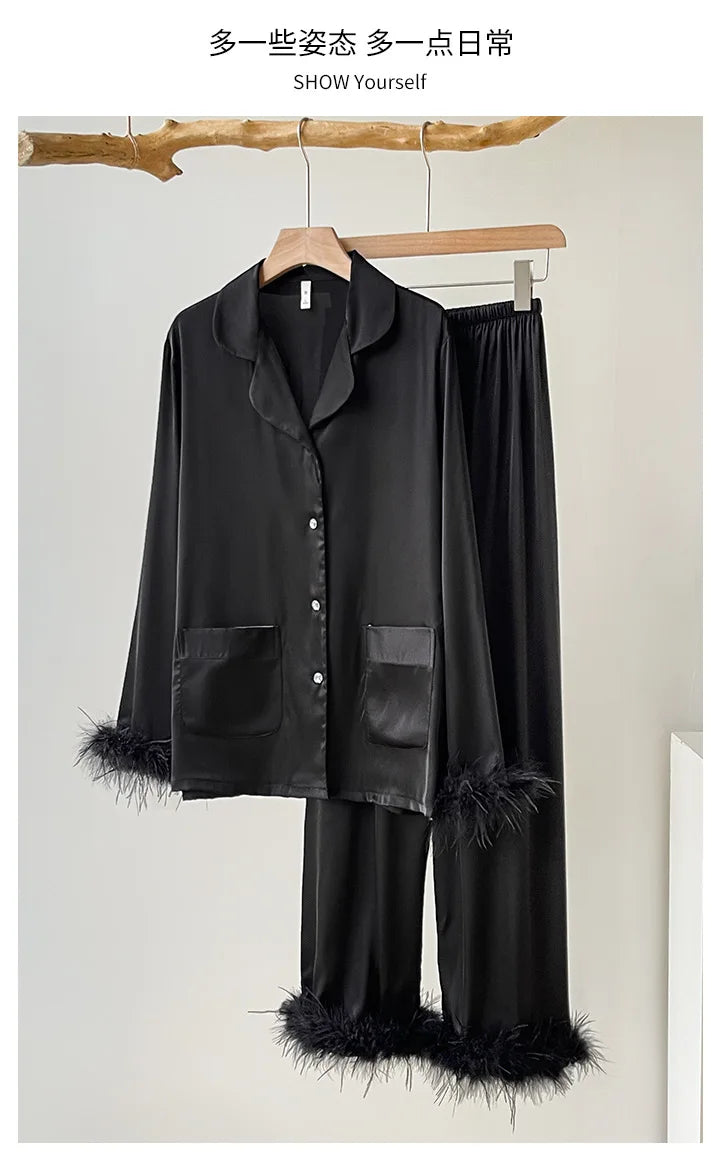 Spring Autumn Female Pajamas Trouser Set Luxury Feather Pink Bride Wedding Sleep wear Gift Sexy Loose Satin Home Wear Lounge wear