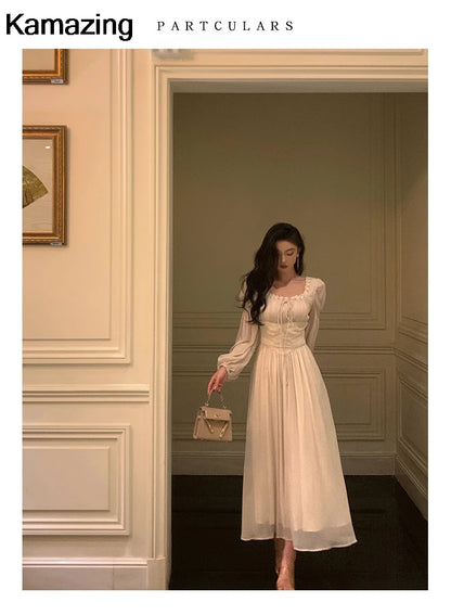 Elegant Square Collar Lace Dress Princess Evening Party Midi Dresses Women Autumn High Waist A-line Prom Robe One Piece Vestidos
