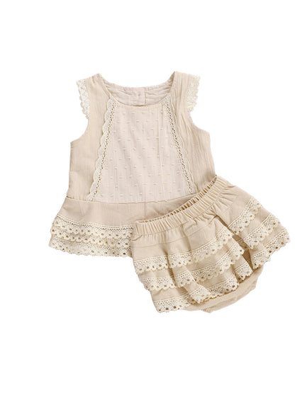 Baby Girls 2 Pieces Outfit Round Neck Sleeveless Lace Vest Tops Layered Hem Tiered Skirts Panty Sets